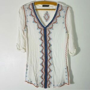 THML White Boho Embroidered w Blues & Oranges 3/4 Tie Sleeve V Neck Shirt Size M